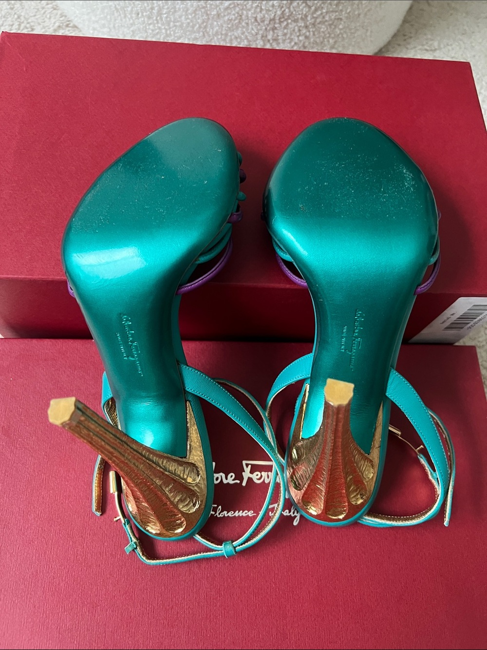 Salvatore Ferragamo Teal and Purple Strappy Knotted High-Heel Sandals - Picture 4 of 4